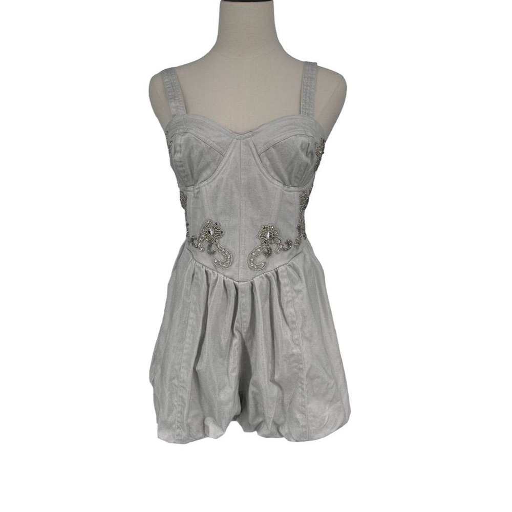 Free People Janelle Beaded Bubble Romper Silver Women's Size 0 XS Party